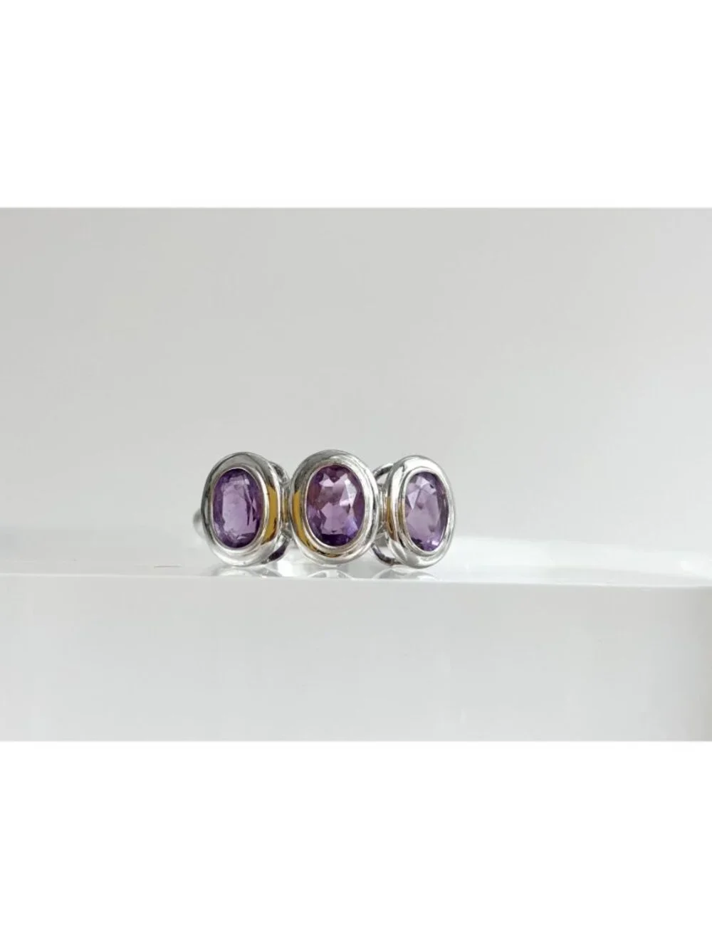 Triple Amethyst Gemstone Minimalist Sterling Silver 925 Vintage Ring - sz 8